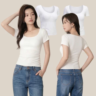 WsimpleBra | Envee Top Shirt เสื้อยืด แขนสั้น คอกว้าง มีบราในตัว เลิกใส่ชุดชั้นในและซิลิโคลปิดจุก