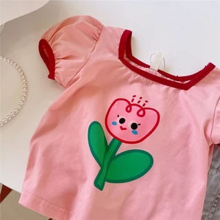 เสื้อยืดเด็กผู้หญิงลายดอกไม้การ์ตูน น่ารัก แขนพอง เสื้อเด็กสไตล์เกาหลี 🌸