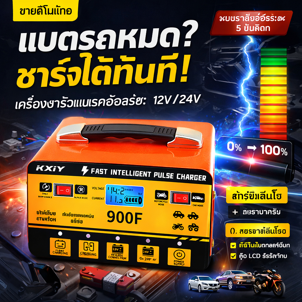 เครื่องชาร์จแบตรถยนต์ 12V 24V อัจฉริยะ ชาร์จเร็ว ฟื้นฟูแบตเตอรี่ หน้าจอ LCD สำหรับรถยนต์ มอเตอร์ไซค์ รถกระบะ