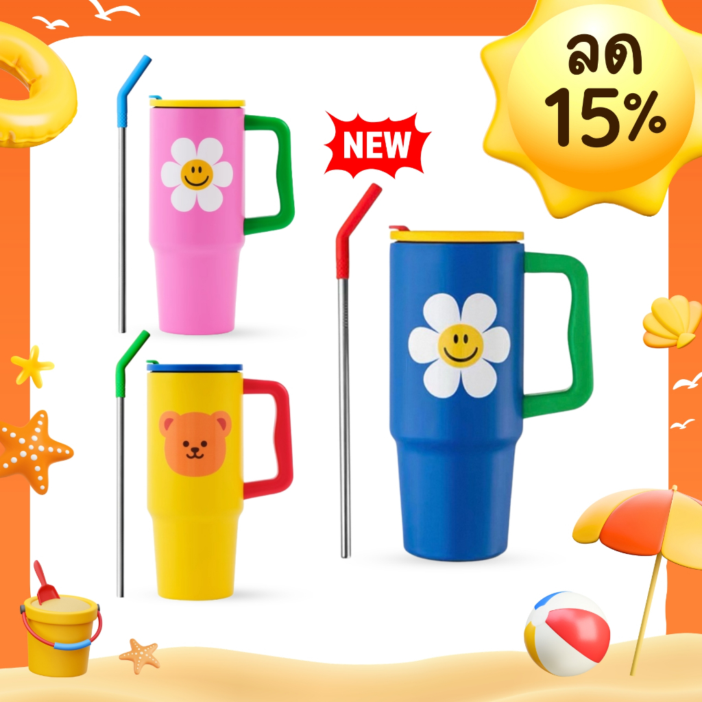 [พร้อมส่ง] แก้วเก็บความเย็น Glasslock x Wiggle Wiggle Tumbler 900ml มีฝาปิด พร้อมหลอด