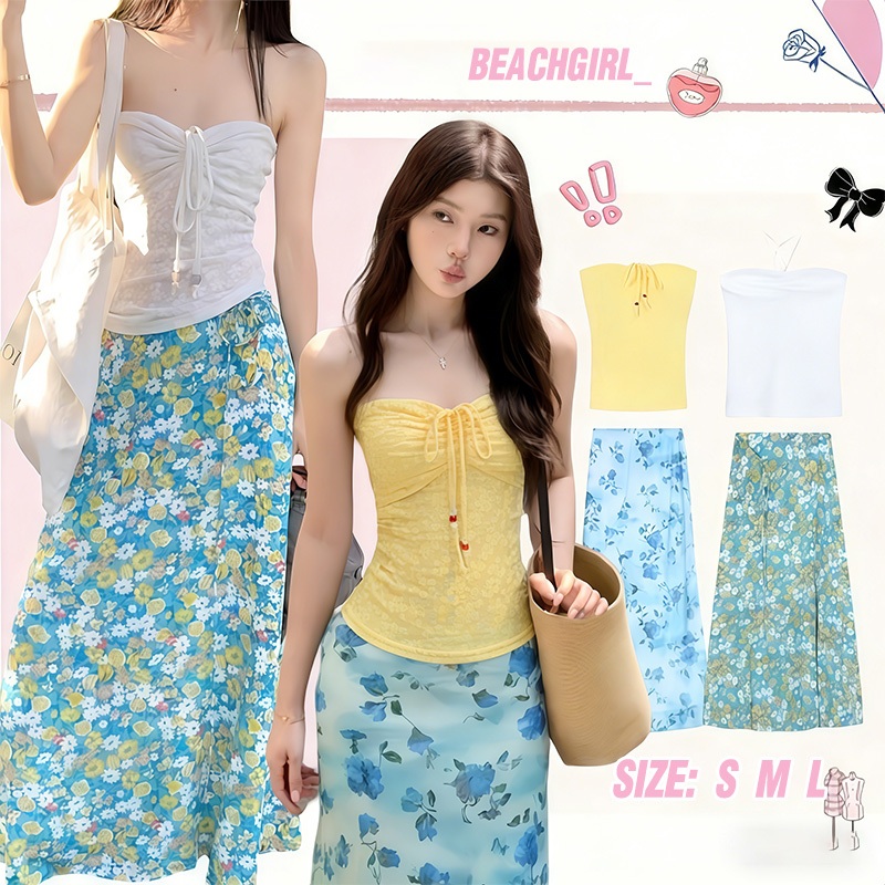 ✨beach girl✨เกาะอก+กระโปรงยาว ทูพีช สไตล์เกาหลี ชุดไปทะเล ระบายอากาศได้ดี ลายดอกไม้ ผ้าดีมาก ส่งไวจากไทย summer