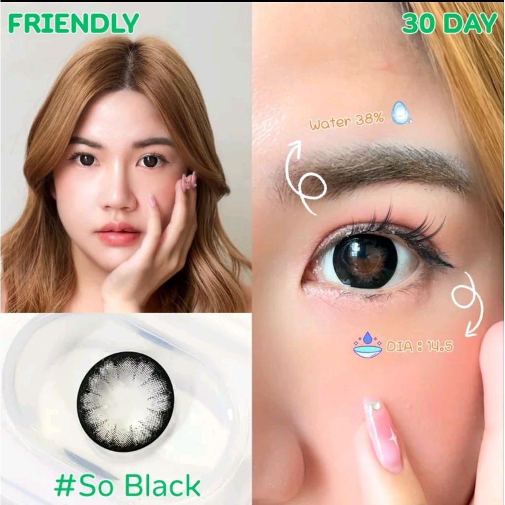 คอนแทคเลนส์ Friendly Contact Lens เลนส์สี So Black ขนาดเลนส์ 14.5 ค่าอมน้ำ 42% เลนส์นิ่มใส่สบาย