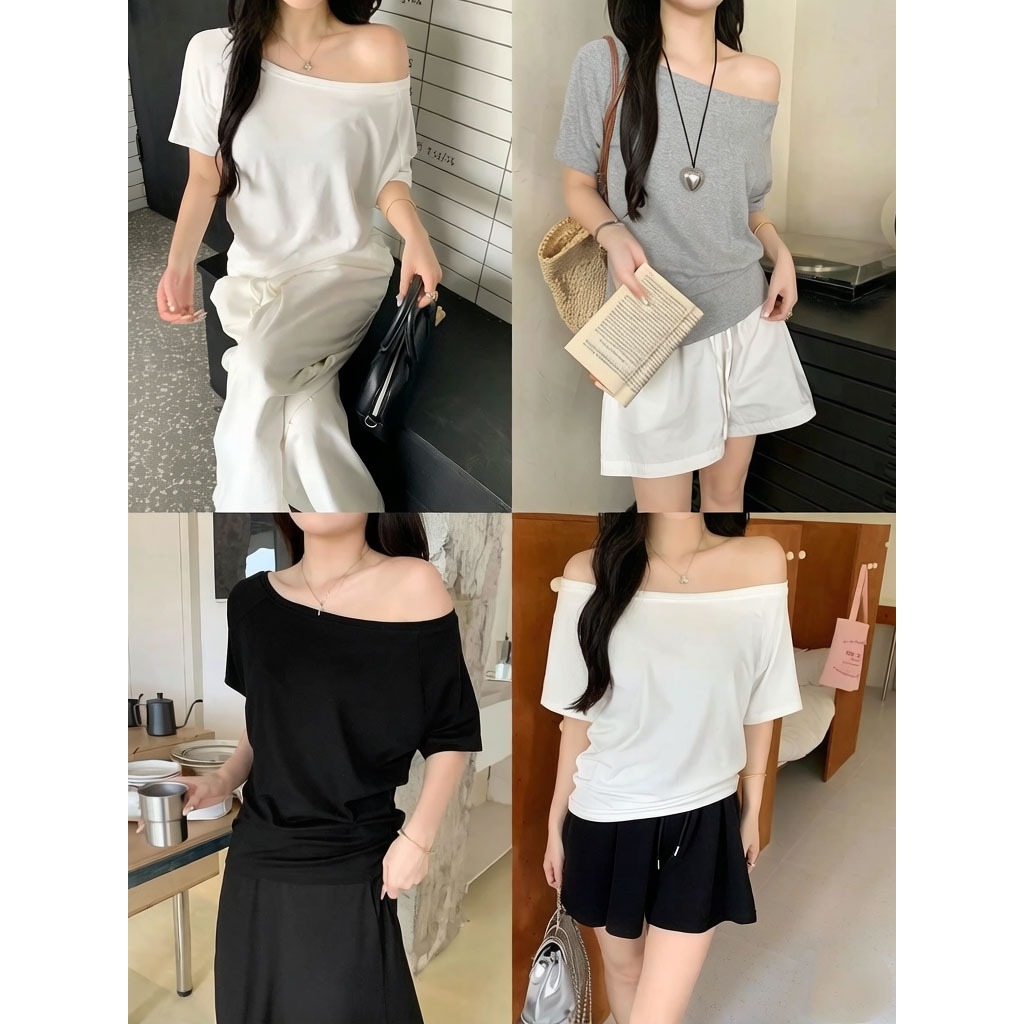 KKS 🚀พร้อมส่ง🚀เสื้อยืดผู้หญิง แขนสั้น เปิดไหล่ ผ้าคอตตอน ทรงหลวม เซ็กซี่ ใส่สบาย สีเทา สีดำ สีขาว #070