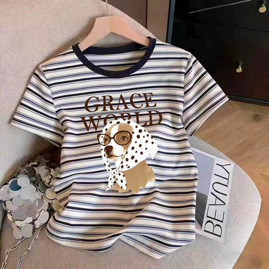 เสื้อยืดลายทางลายสุนัขสุดน่ารัก สไตล์เกาหลี ผ้าคอตตอนคุณภาพดี M-3XL ใส่สบายไม่ร้อน เหมาะใส่ทุกวัน