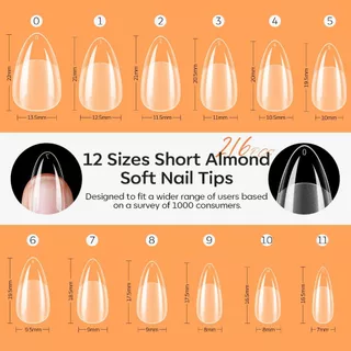 【คุณภาพสูง】Modelones เล็บปลอมอัลมอนด์สั้น 216 ชิ้น 12 ไซส์ Soft Gel Tips ใส ครอบเต็มเล็บ ต่อเล็บ DIY