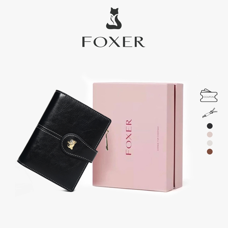 FOXER กระเป๋าสตางค์หนังแท้ กระเป๋าสตางค์ขนาดกะทัดรัด สไตล์คลาสสิก ช่องใส่บัตรเครดิต เทคโนโลยี RFID