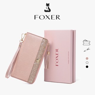 FOXER กระเป๋าเงินยาวของผู้หญิง กระเป๋าเงินหนังวัวหรูหราผู้ถื…