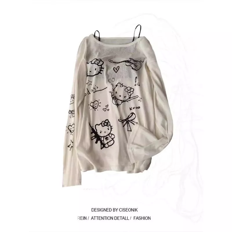 เสื้อยืดแขนยาวผ้าโปร่งบางเบาพิมพ์ลายแมวน่ารักสำหรับผู้หญิง ทรงหลวมใส่สบายในฤดูร้อน ปกป้องผิวจากแสงแดด