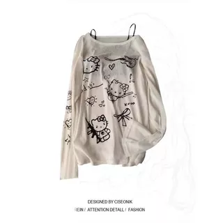 เสื้อยืดแขนยาวผ้าโปร่งบางเบาพิมพ์ลายแมวน่ารักสำหรับผู้หญิง ทรงหลวมใส่สบายในฤดูร้อน ปกป้องผิวจากแสงแดด