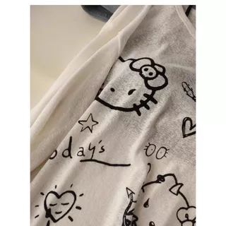 เสื้อยืดแขนยาวผ้าโปร่งบางเบาพิมพ์ลายแมวน่ารักสำหรับผู้หญิง ทรงหลวมใส่สบายในฤดูร้อน ปกป้องผิวจากแสงแดด