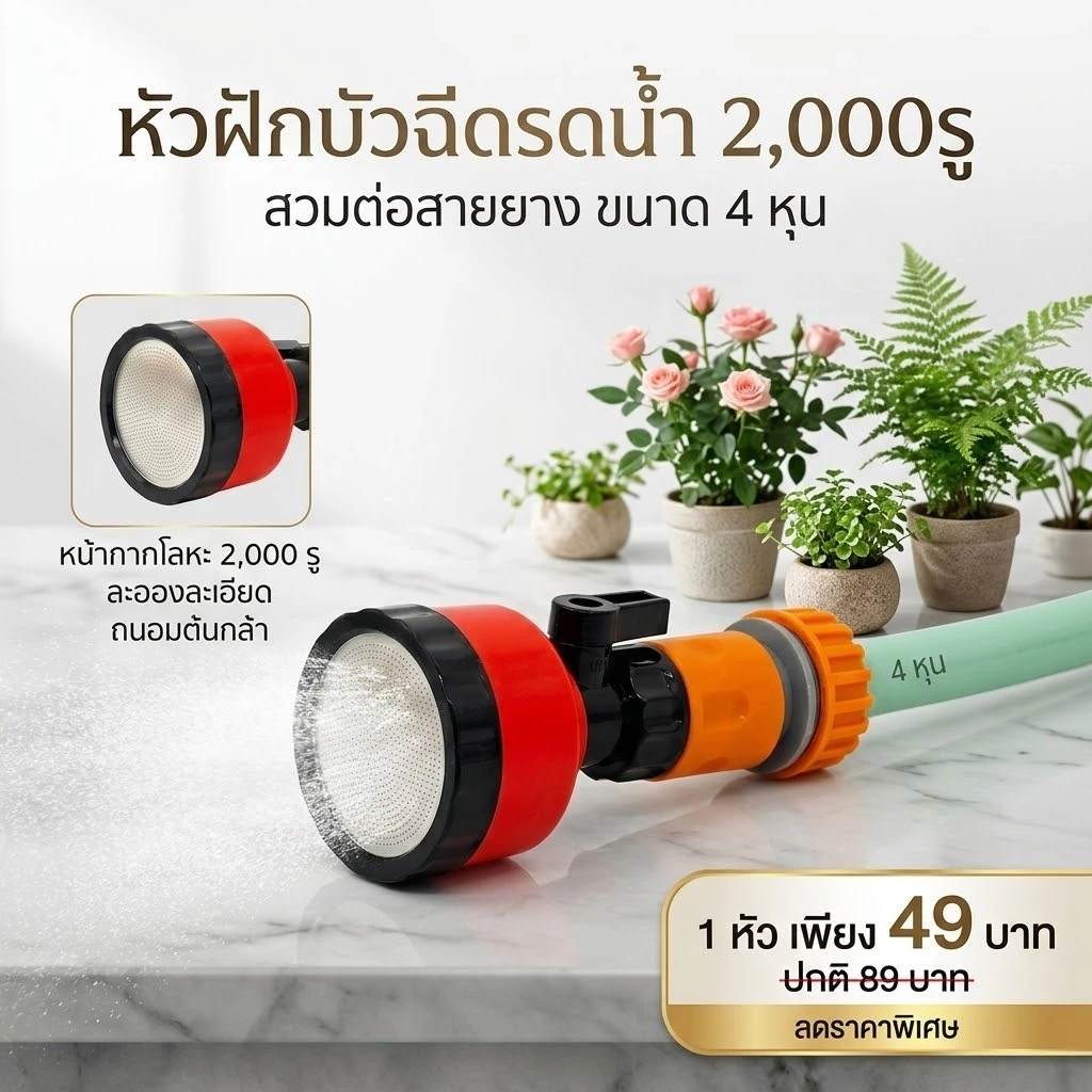 ฝักบัวรดน้ำ หัวรดน้ำ หัวฉีด2000รู ละอองฝน แรงดันสูง น้ำพุงแรง เบา สายนุ่ม ไม่ทำให้พืชช้ำ (พร้อมส่ง)