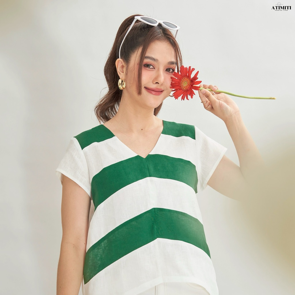 Atimiti เสื้อลินินแท้ 100% คอวี แขนสั้น ด้านหน้าตัดต่อผ้าเล่นลาย ด้านหลังพื้นขาว หน้าสั้น-หลังยาว “อก 41-42 นิ้ว”