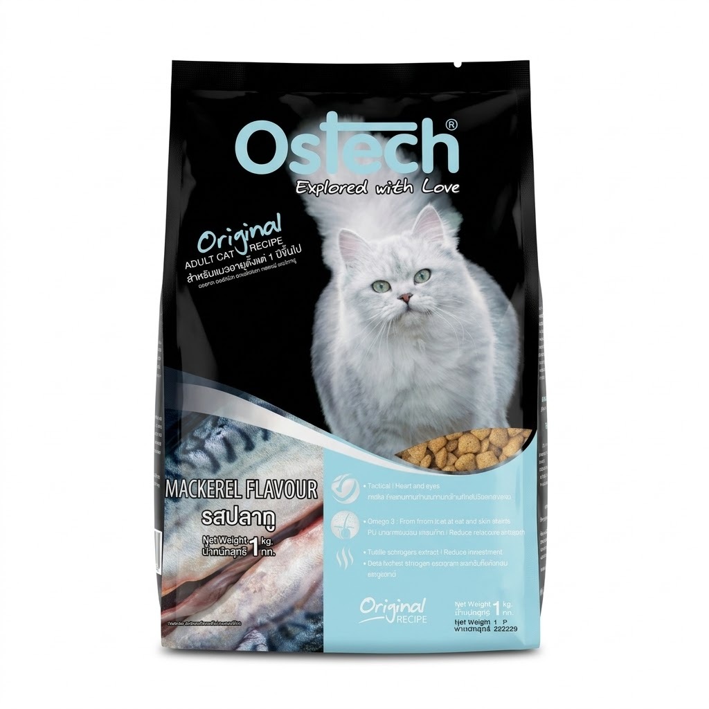 Ostech ออสเทค 1kg. รสปลาทู อาหารแมว รสชาติถูกใจน้องแมว สำหรับแมว 1 ปีขึ้นไปทุกสายพันธุ์ แสนอร่อย กินง่าย ครบคุณค่า