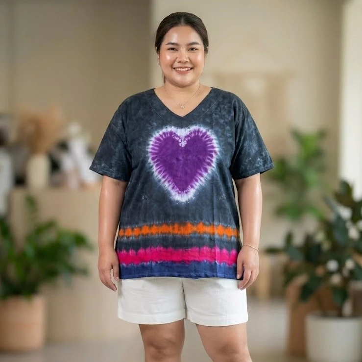 เสื้อแขนสั้นคอวี อก 48 ผ้าแมมเบิร์ตสปันงานมัดย้อม