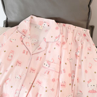 ชุดนอนแขนยาว+กางเกงขายาวHello Kitty สีชมพูคิตตี้ การ์ตูนน่ารัก ผู้หญิง ร้อนฤดูร้อน ผ้าคลุมสบาย CloudFeeling มีไซส์ M-2XL