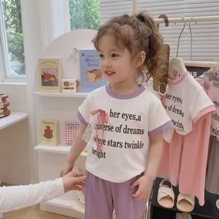 Babyonline(Y435)O2 (ส่งด่วน1วัน)ชุดเซ็ตเสื้อยืดคอกลมแขนสั้นและกางเกงขายาว แต่งโบว์สุดน่ารัก ผ้าร่อง นิ่ม