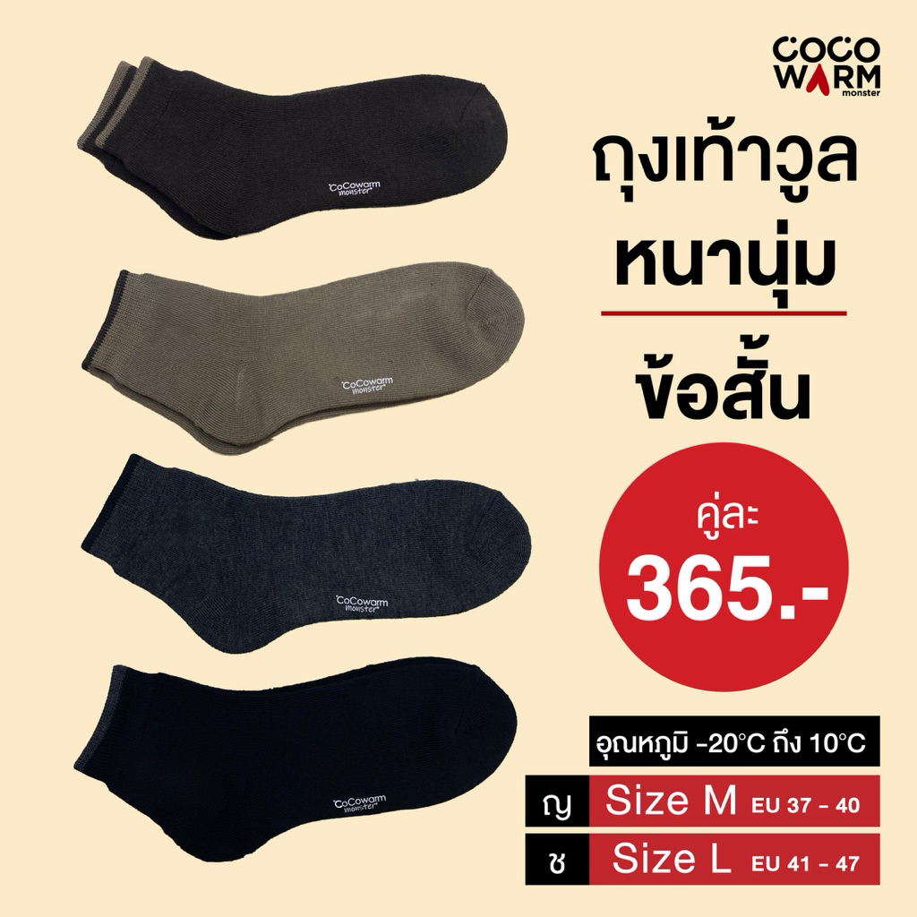 [ข้อสั้นแบบหนา] Coco warm ถุงเท้าวูลแท้ 100% (Wool) ข้อสั้น ถุงเท้าหนากันหนาว ใส่แล้วนุ่ม สบาย อบอุ่น ทอขนหนูด้านใน