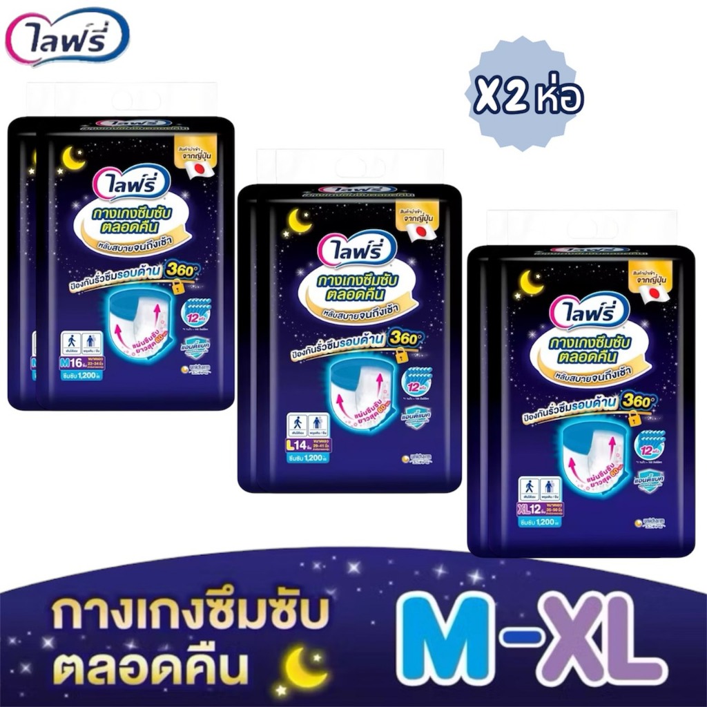 Lifree ไลฟ์รี่ กางเกงซึมซับตลอดคืน ห่อใหญ่ (แพ็ค 2ห่อ)