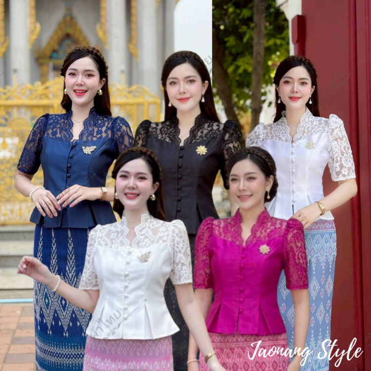 เสื้อไหมสี่เส้น ชายระบาย แต่งลูกไม้ งานคอวี แขนสั้น กระดุมผ้า ใส่ไปวัดทำบุญสวยมาก