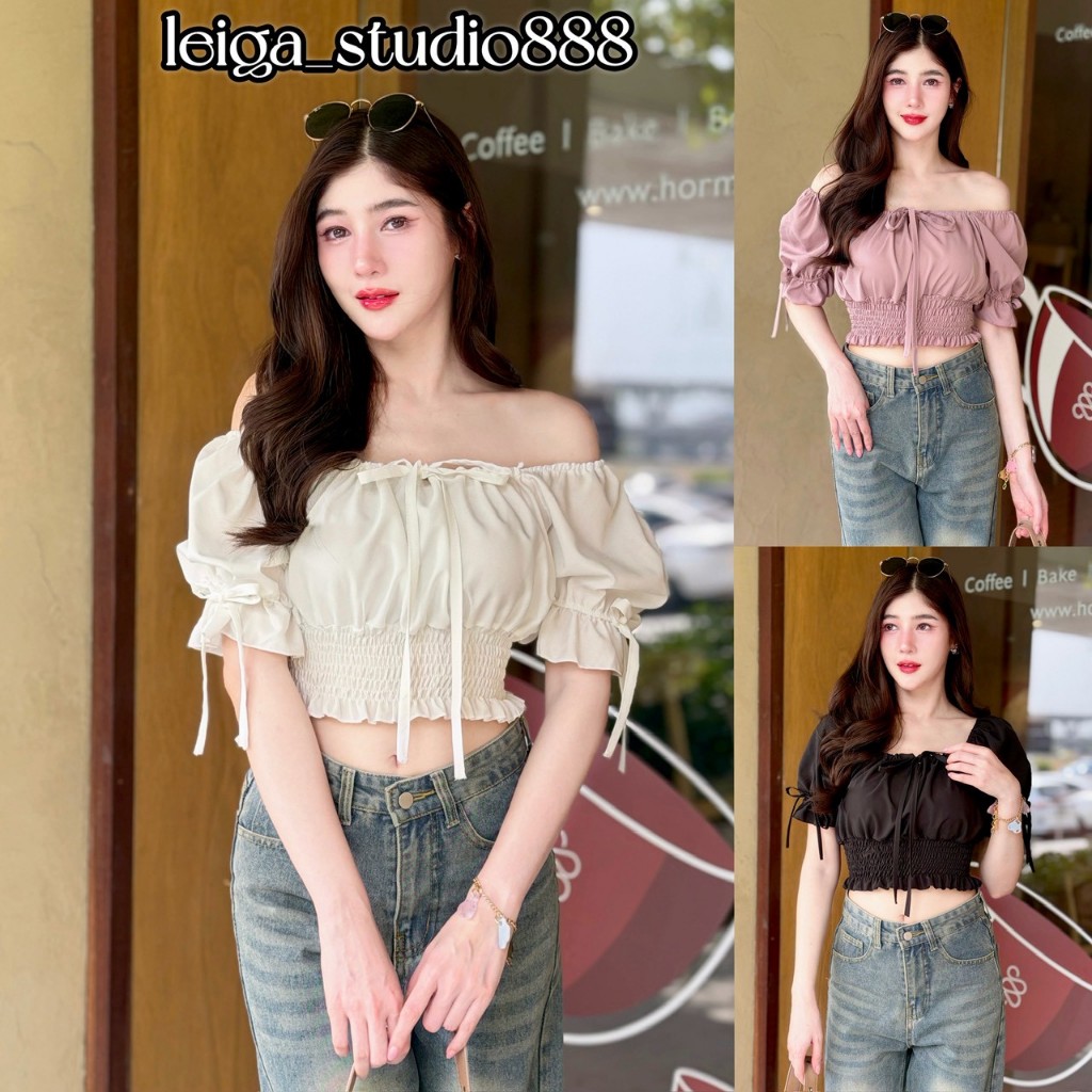 เสื้อแฟชั่น ทรงครอป ผ้าไหมอิตาลี สไตล์เวียดนาม คอแต่งสายรูดผูกโบว์ สม๊อคเอว เข้ารูป ใส่แมท LG155
