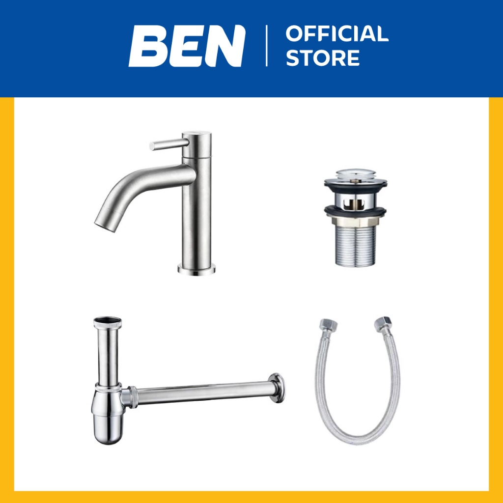 ฺBEN BENTO9944 ชุดก๊อกล้างหน้าพร้อมอุปกรณ์ 4 ชิ้น ก๊อกสแตนเลส / สะดือPop-up / สายน้ำดี / ท่อน้ำทิ้งกระปุก สีโครเมียมเงา