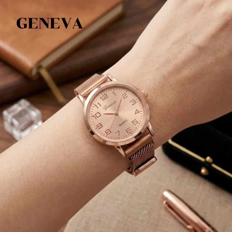 GENEVA นาฬิกาข้อมือผู้หญิง สายแม่เหล็ก นาฬิกาข้อมือผู้หญิง สไตล์แฟชั่น/ลักชูรี