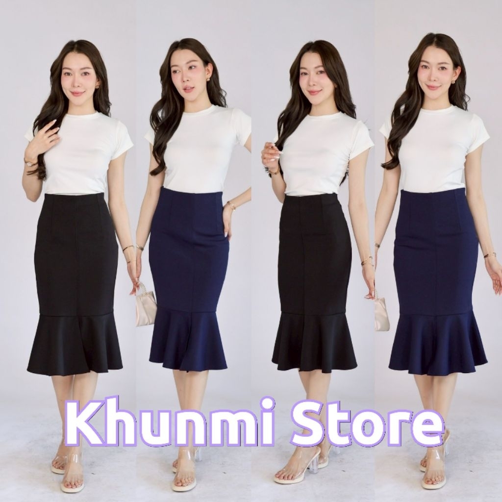 พร้อมส่ง กระโปรงเอวสูงหางปลา รุ่นเมอเมดผ่าหน้า ยาว 27 นิ้ว 3 สี ซิปหลัง