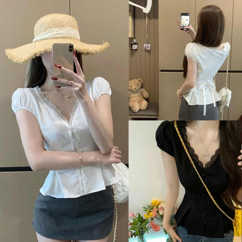 Dahong    W631 เสื้อเชิ้ตลูกไม้สีขาว เสื้อเชิ้ตแขนสั้นลูกไม้ฤดูร้อนสำหรับผู้หญิง คอวี แฟชั่นเกาหลี