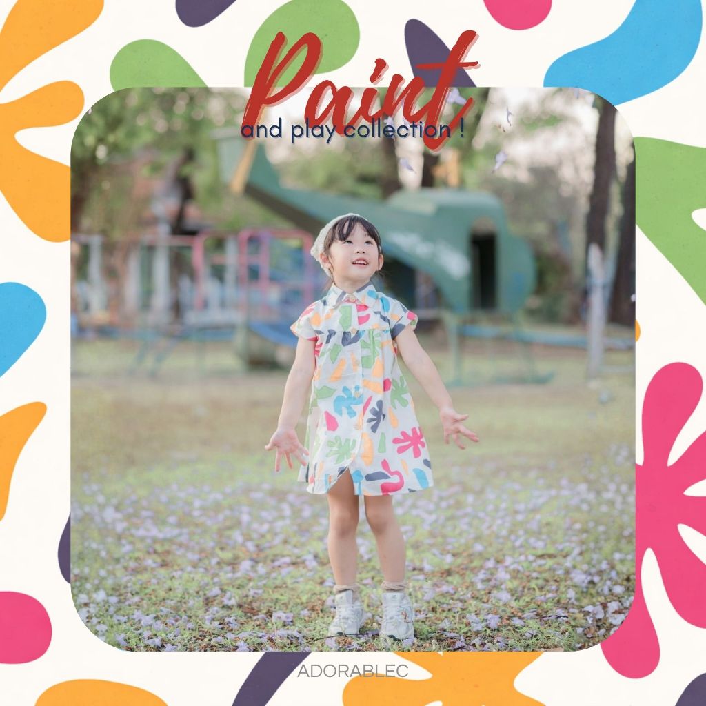 Paint collection 🎨 เดรสแขนสั้นสำหรับเด็กผู้หญิง พิมพ์ลายเพ้นท์ สีครีม