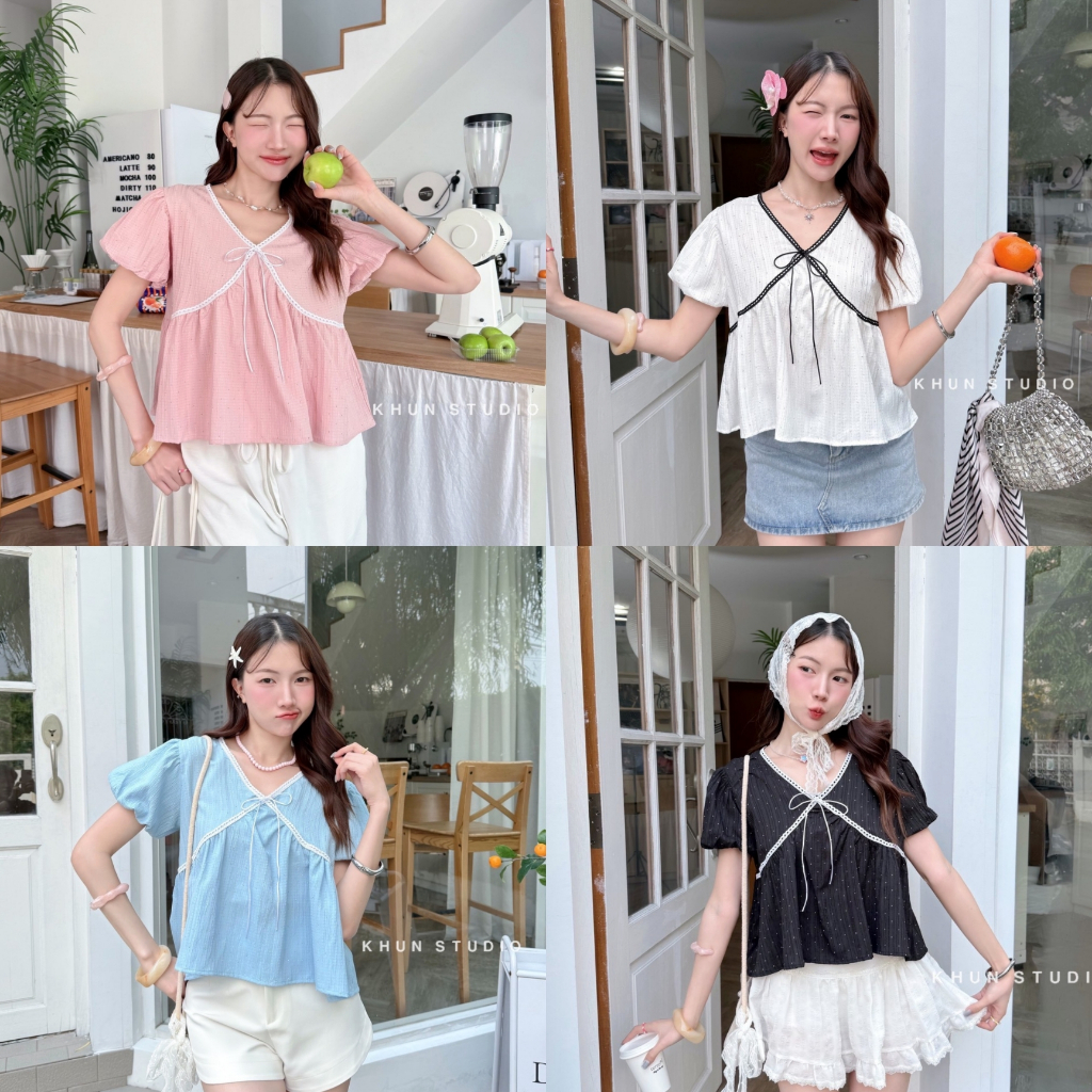 เสื้อคอวีแขนจั๊มแต่งคอลูกไม้รีดเพชร