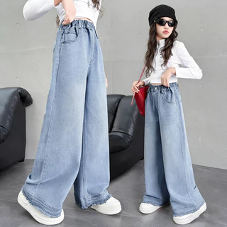 Girls' jeans Black กางเกงยีนส์ขาตรงสีดำสุดอินเทรนด์และมีสไตล์ การออกแบบแถบยางยืด กางเกงยีนส์ทรงตรงลำลอง 120-170 HOT