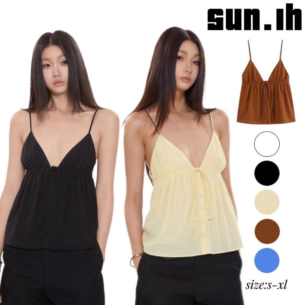 SUN🛍️พร้อมส่ง🛍️เสื้อผ้าสตรีฤดูใบไม้ผลิใหม่ สไตล์ยุโรปและอเมริกา ดีไซน์แฟชั่นฝรั่งเศส เสื้อสายเดี่ยวทรงหลวม