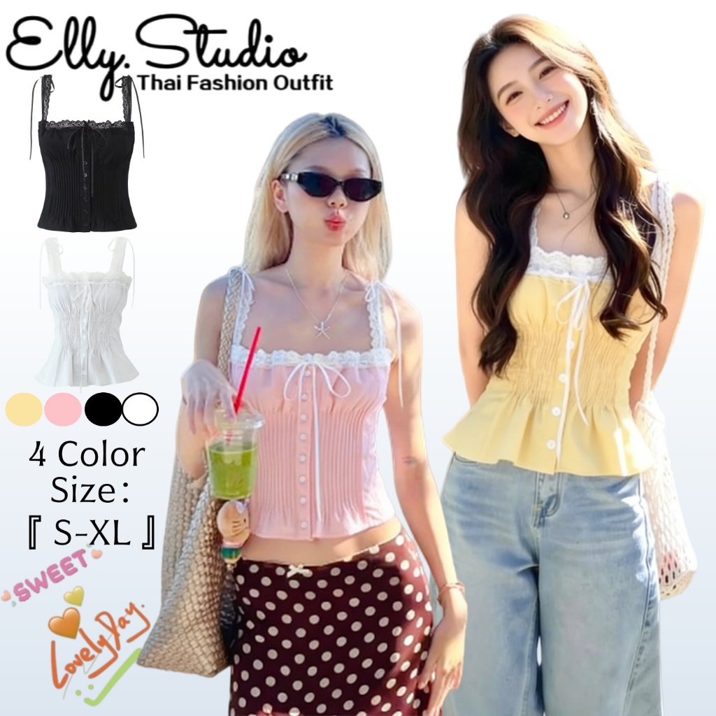 Elly พร้อมส่🦄เสื้อสายเดี่🦄เสื้อเบลาส์สีขาวผ้า แฟชั่นฝรั่งเศส สวมใส่สบายไม่อับชุดเจ้าหญิง เสื้อสายเดี่ยวหวานใส่