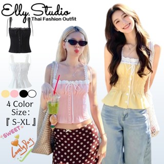 Elly พร้อมส่🦄เสื้อสายเดี่ยวลูกไม้คอ🦄หวานใส่ แฟชั่นฝรั่งเศส เ…