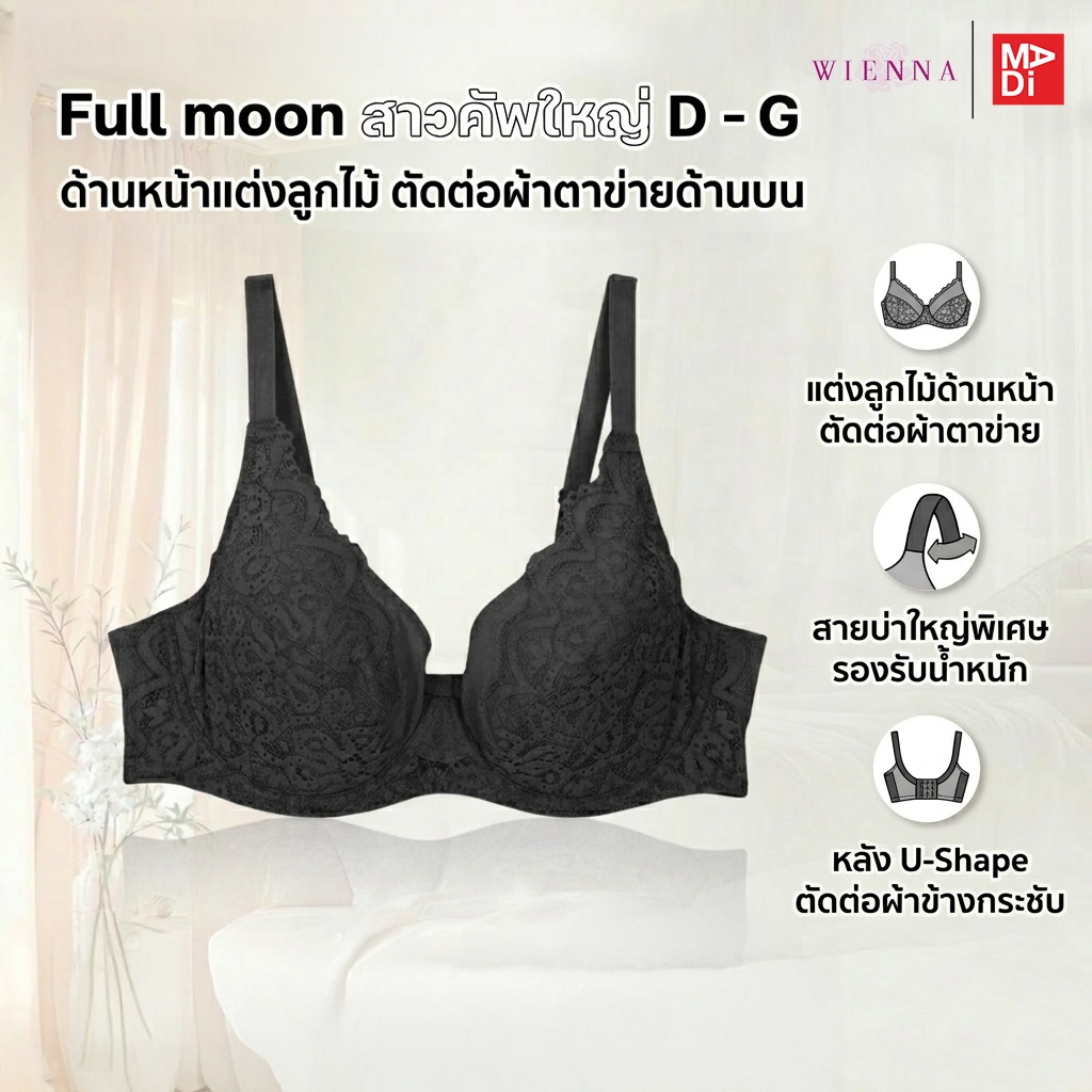 Full Moon Bra เสื้อในมีโครง สาวคัพใหญ่ ลายลูกไม้ เก็บกระชับเต็มทรง (Daily wear) NB94102