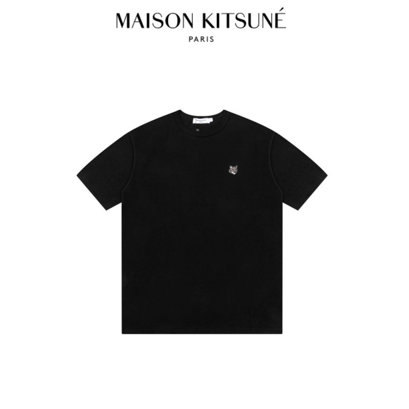 Maison Kitsune🇯🇵  Spring/Summer Men's Bold Color-Block Fox Patch Casual T-Shirt  เสื้อยืดลายสุนัขจิ้งจอกแบบลำลอง