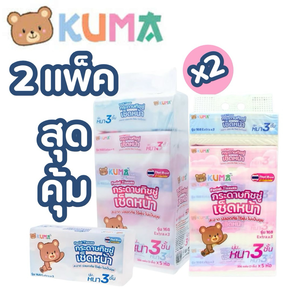 (แพ็คคู่)Kumaทิชชู่เช็ดหน้า 2แพ็คสุดคุ้ม 10ห่อ