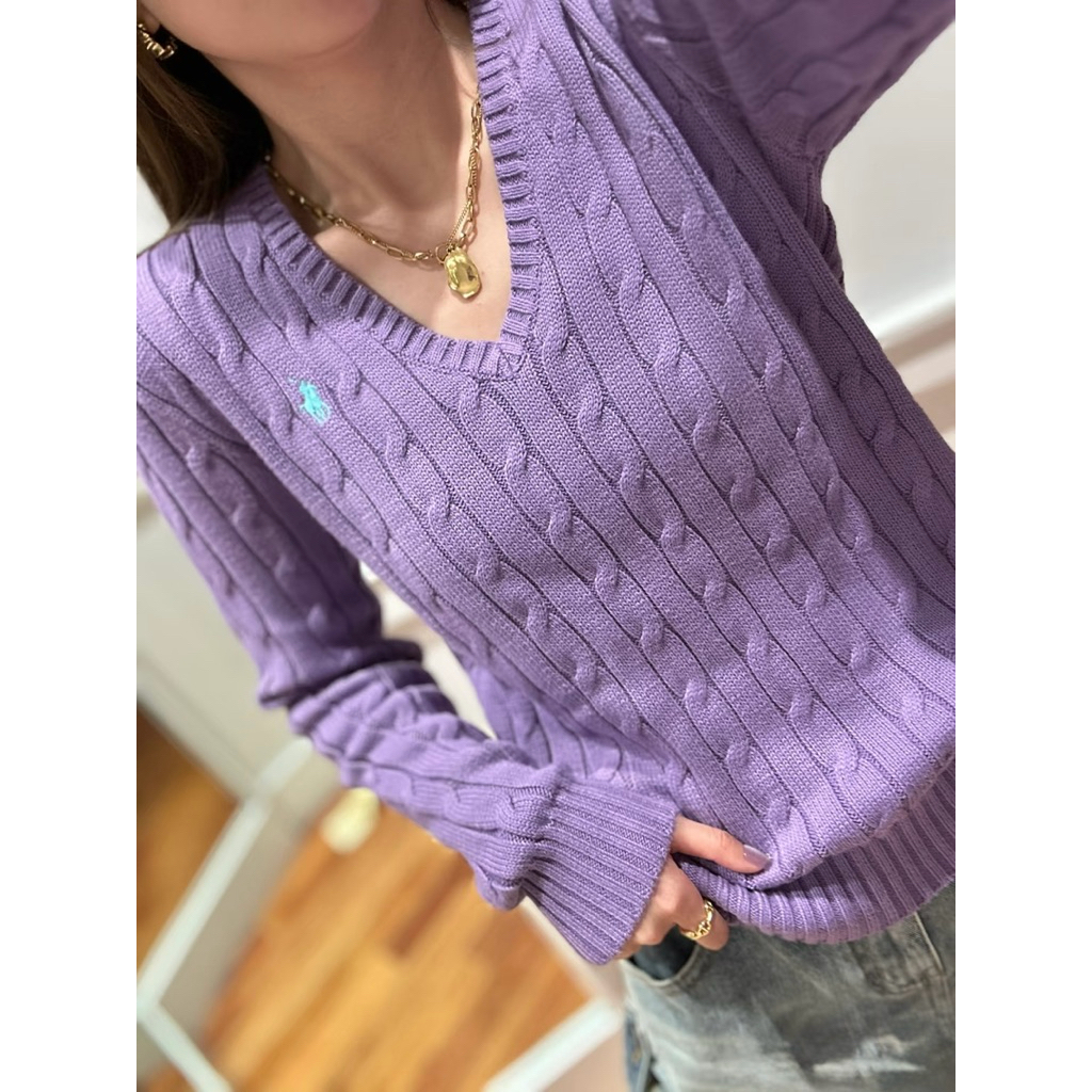 Polo ralph laurenCable-knit Cotton V-neck Sweater Purple สีม่วง ราคา ถูกที่สุด ดีลบีเคเค