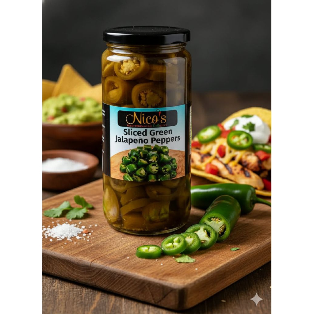 นิโคส์ พริกฆาลาเปญโญเขียวดอง 480 กรัม Nico’s Sliced Green Jalapeno Peppers 480g