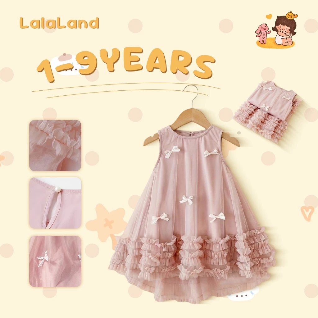 1-9 ปี รุ่นล่าสุด สีชมพู ชุดเดรสเด็กผู้หญิง สไตล์เกาหลี แฟชั่นลำลอง แขนกุด ประดับโบว์ กระโปรงสาวฤดูร้อน านุ่มใสสบายฯ