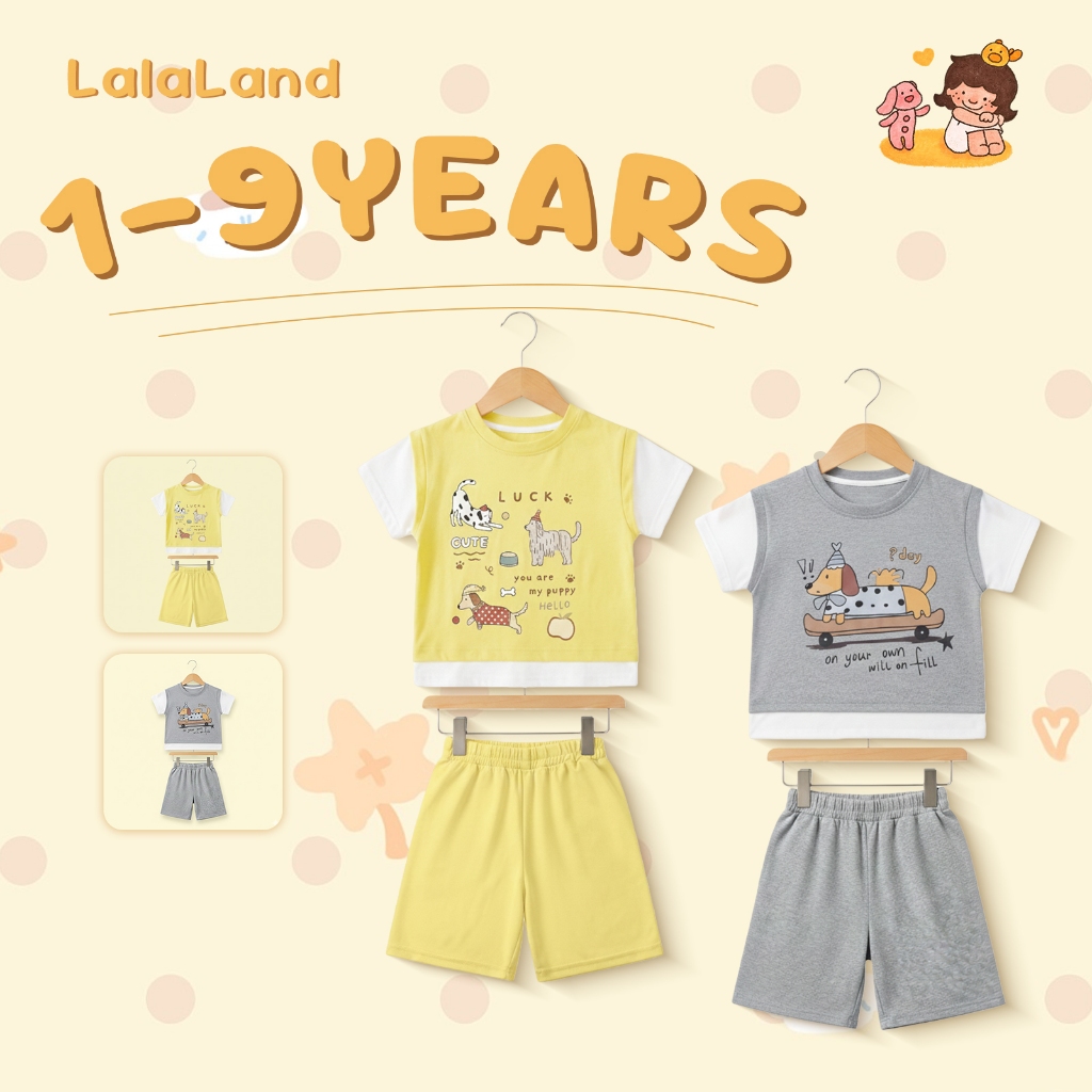 1-9 ปี เสื้อยืดคอกลม+กางเกงขาสั้น ชุดเซ็ทเด็กลำลองแฟชั่น เด็กชายและหญิง สไตล์เกาหลี ที่เรียบง่าย านุ่มใสสบายฯ