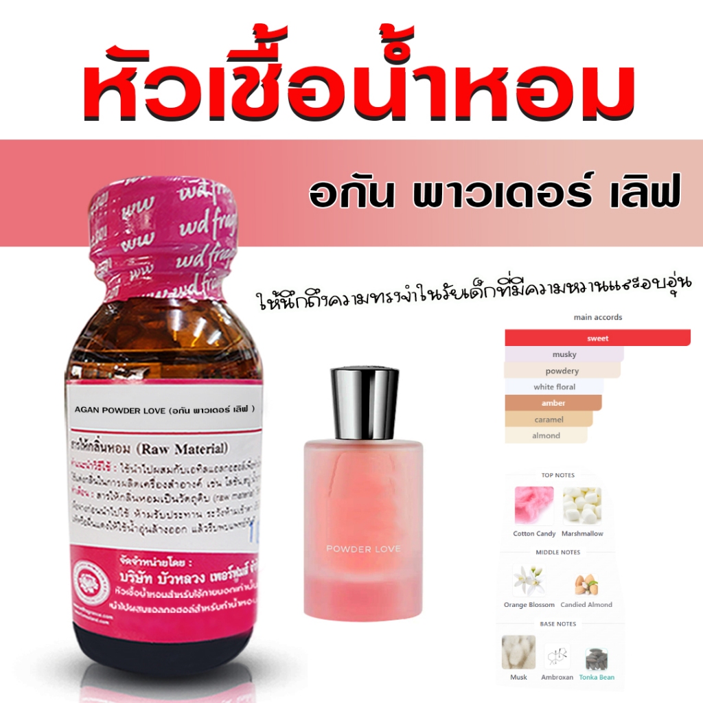 หัวเชื้อน้ำหอมแท้ 100% กลิ่น อกัน พาวเดอร์เลิฟ หัวน้ำหอม น้ำหอมผู้หญิง หอมหวาน เซ็กซี่ น่ารัก  - Bualuang Perfume