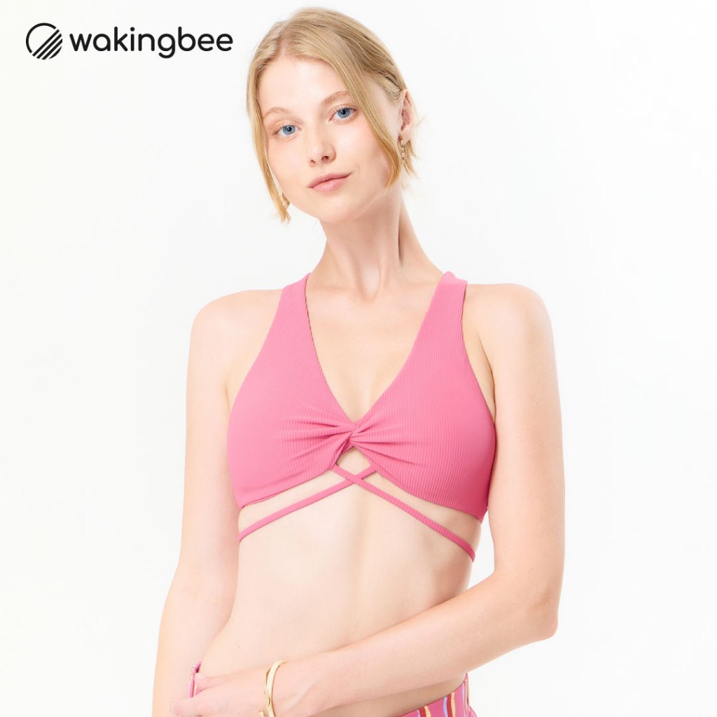 Wakingbee Knot Bra (Pink) บราว่ายน้ำ ดีเทลทวิสต์ผ้า มีโบว์ผูก คอวี สายไขว้ ทรงสวย กระชับ มีฟองน้ำ ผ้ากันยูวี แห้งไว