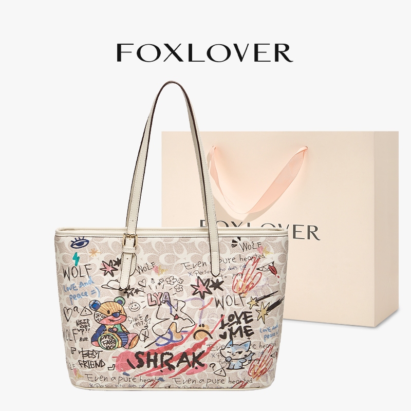 FOXLOVER กระเป๋าโท้ทสะพายไหล่ผู้หญิง ดีไซน์กราฟิตี้หมี ความจุขนาดใหญ่ วัสดุคุณภาพดี กันน้ำ ทนทาน