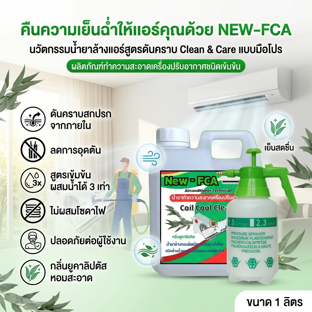 NEW FCA น้ำยาล้างแอร์ คอยล์แอร์ สูตรล้างน้ำออก ดันสิ่งสกปรก ขจัดคราบฝุ่น กลิ่นยูคาลิปตัส