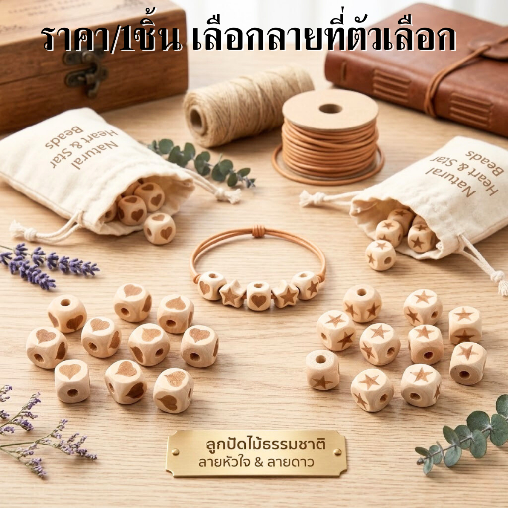 ลูกปัดไม้ ลายดาว หัวใจ งานประดิษฐ์ ของเล่น งานประดับบ้าน โมบาย สร้อยข้อมือ สายห้อย (DIY) KJ