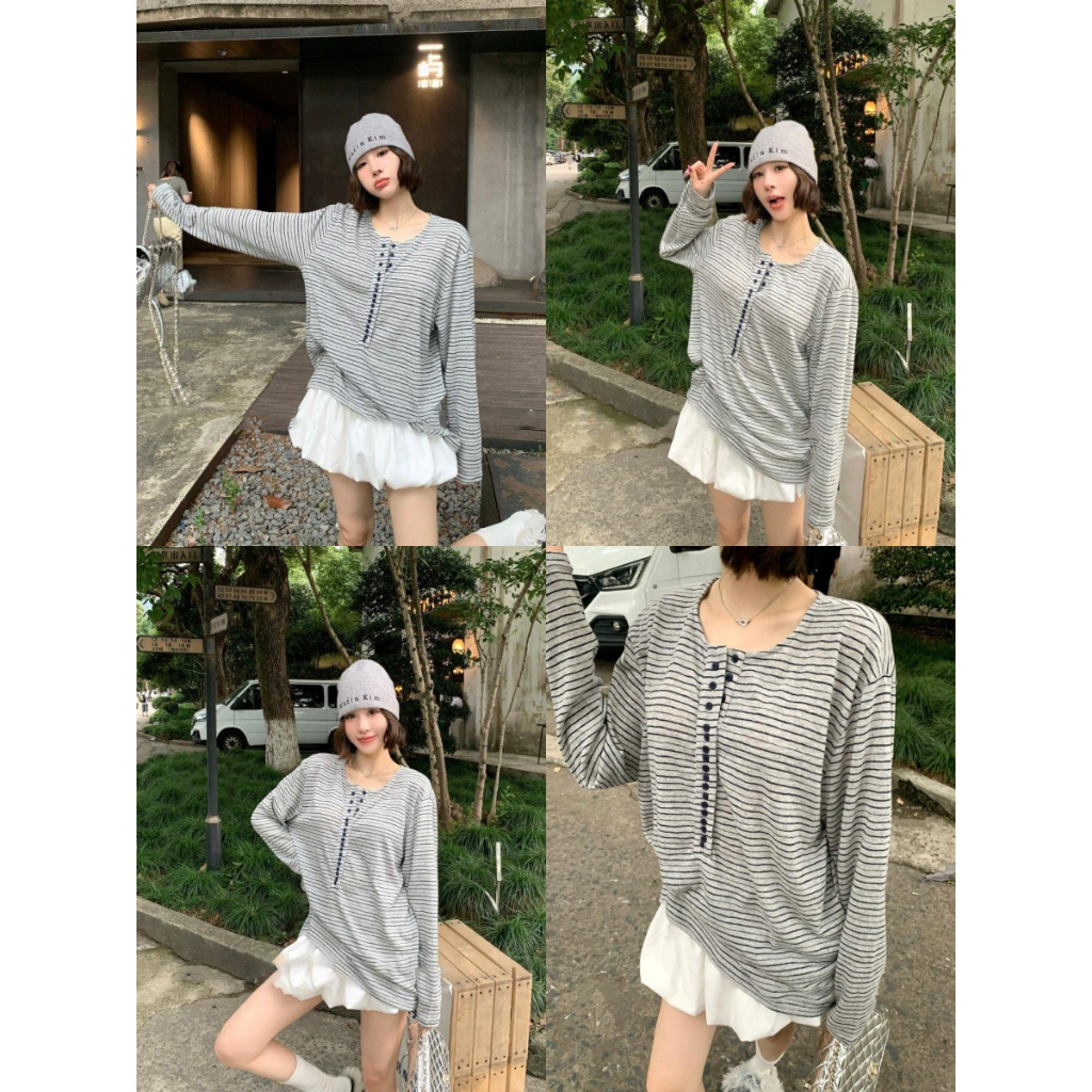 เสื้อแขนยาว เสื้อลายทาง มีกระดุมในอก ทรงหลวม แฟชั่น ใส่สบาย #222424 – โปรปัง