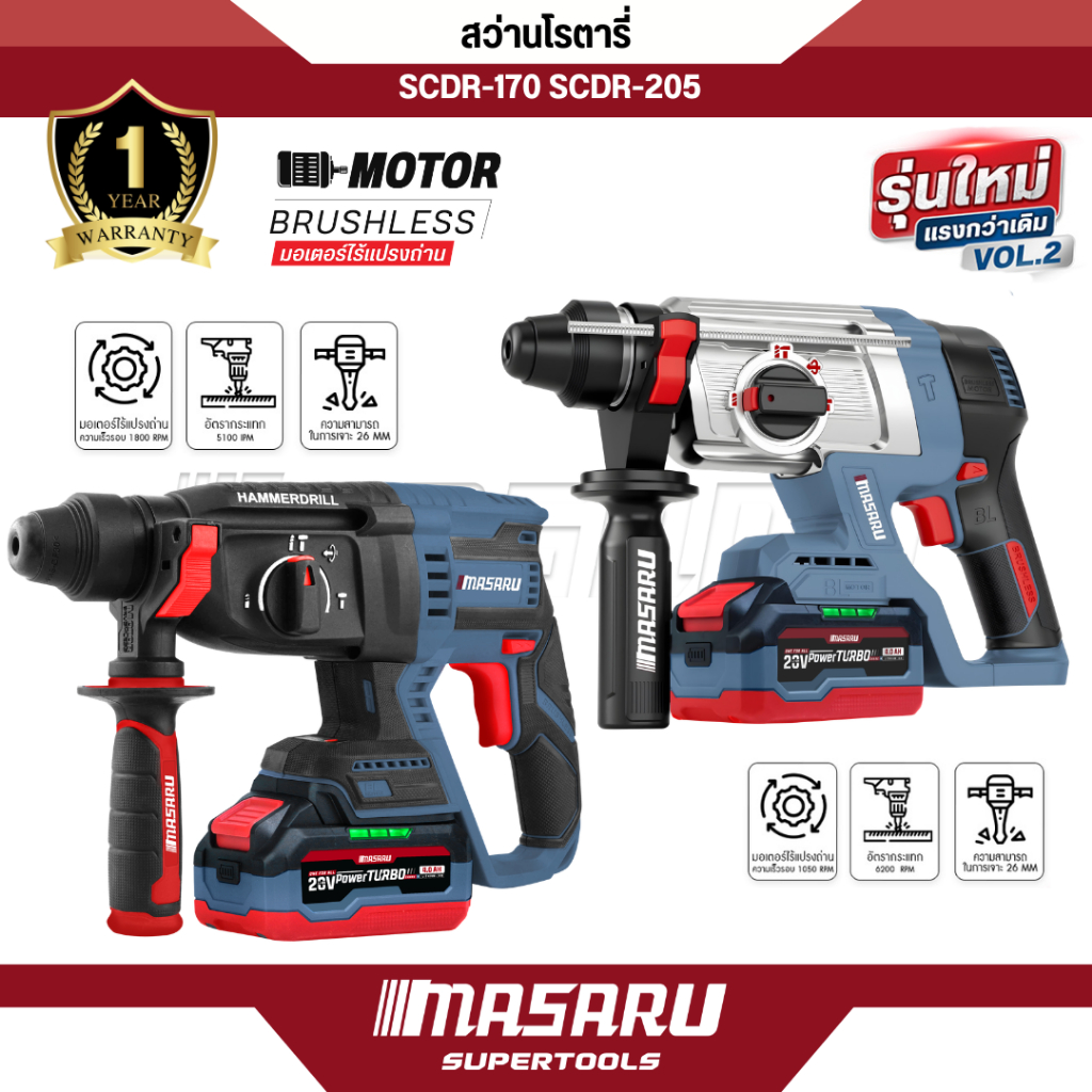 สว่านโรตารี่ MASARU SCDR-170 SCDR-205 ไร้สาย 3 ระบบ Brushless โรตารี่ไร้สาย เจาะ สกัด เจาะกระแทก