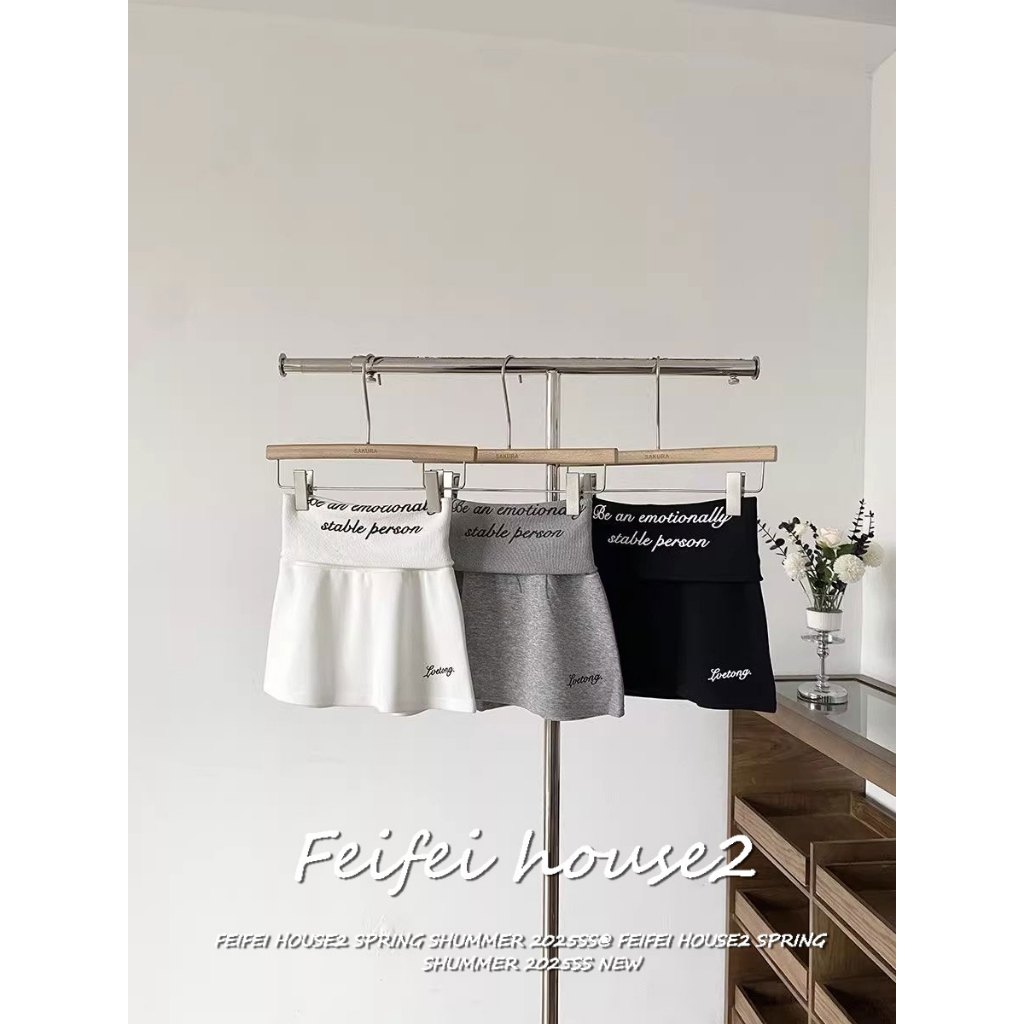 [Cuffed Letter Print short skirt]กระโปรงผู้หญิงสั้นฤดูร้อนลำลองพิมพ์ตัวอักษรสไตล์วินเทจสวมสบาย