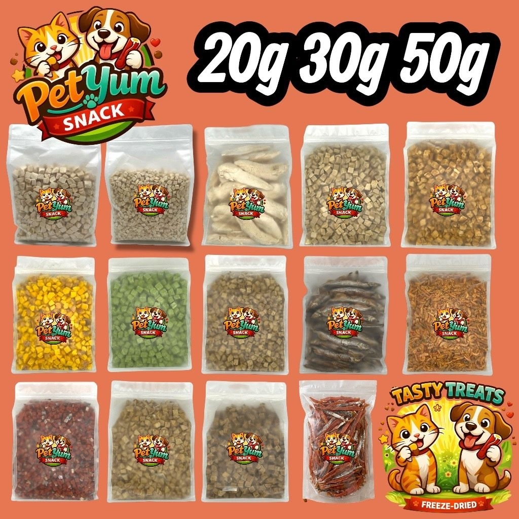 PYS 
ฟรีซดรายแมว 20กรัม 30กรัม 50กรัม อกไก่เต๋า หน้าอกไก่ชิ้น ไข่แดง หญ้าแมว แซลมอน ปลาไข่ กุ้งคริลล์ ขนมแมว ขนมสุนัข